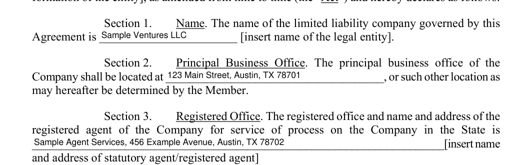 Sections 1 to 3 of the Texas operating agreement: company name, principal office and registered agent