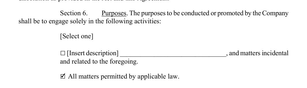 Section 6 of the Texas operating agreement with the purposes box selected