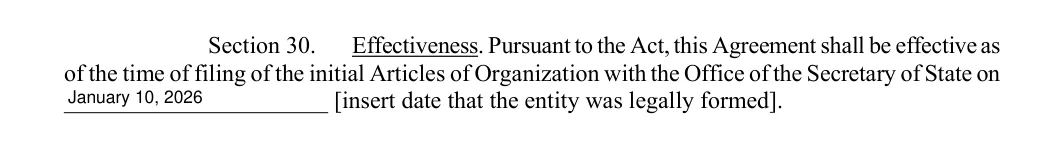 Section 30 of the Texas operating agreement with the formation date entered