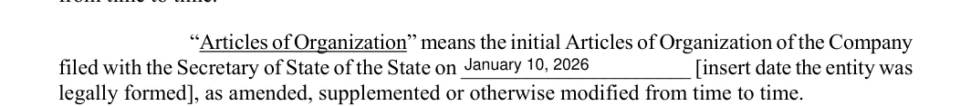 Schedule A of the Texas operating agreement with the Articles of Organization date entered