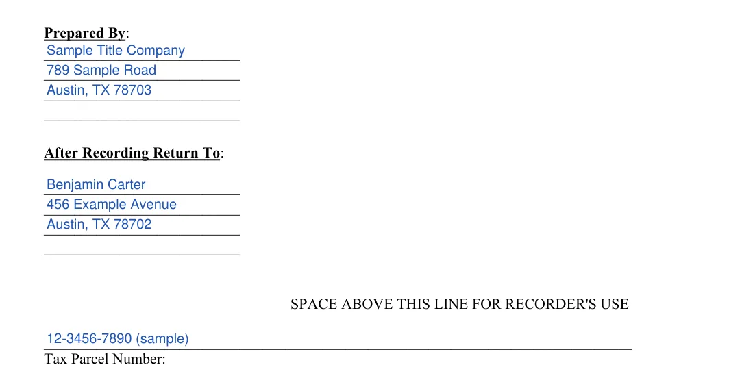 Texas quitclaim deed page 1 with the Prepared By, After Recording Return To and Tax Parcel Number blocks filled in