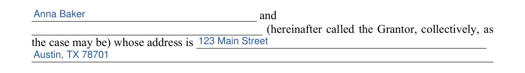 Texas quitclaim deed grantor lines with the grantor's name and address entered