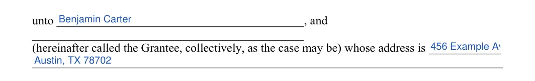 Texas quitclaim deed grantee lines with the grantee's name and address entered