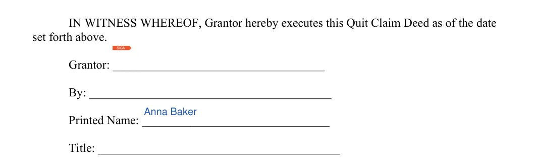 Texas quitclaim deed grantor signature block with the printed name entered