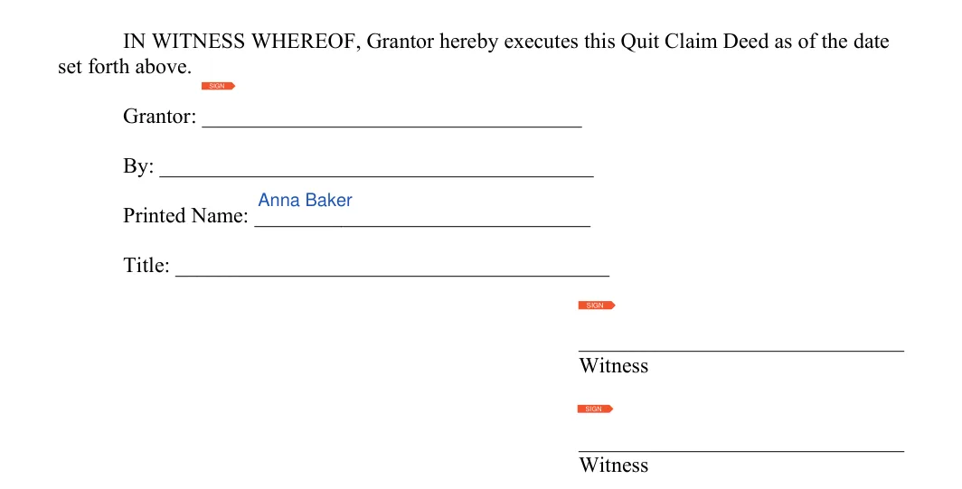 Texas quitclaim deed witness signature lines on page 4