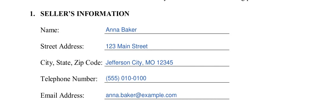 Missouri bill of sale: 1. SELLER’S INFORMATION, filled with sample entries