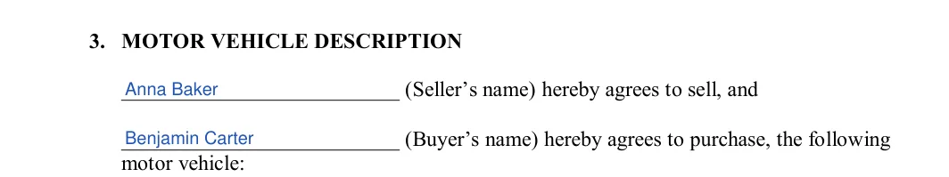 Missouri bill of sale: 3. MOTOR VEHICLE DESCRIPTION, filled with sample entries