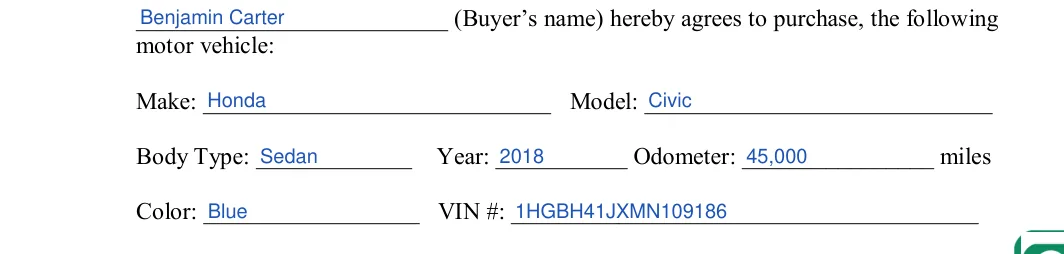 Missouri bill of sale: motor vehicle, filled with sample entries