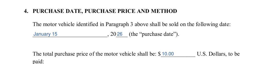 Missouri bill of sale: 4. PURCHASE DATE, PURCHASE PRICE AND METHOD, filled with sample entries