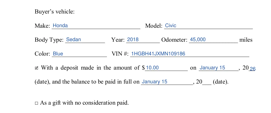 Missouri bill of sale: Buyer’s vehicle, filled with sample entries