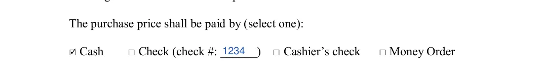 Missouri bill of sale: The purchase price shall be paid by (select one), filled with sample entries