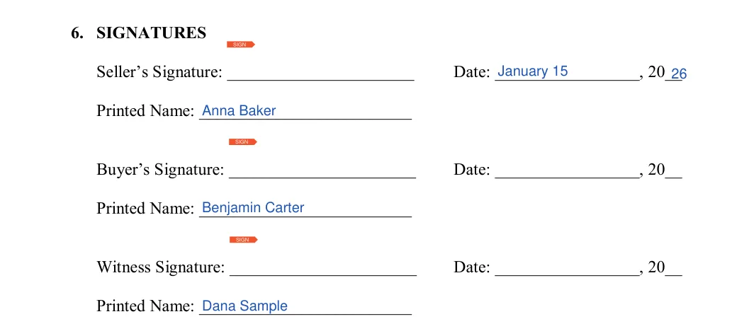 Missouri bill of sale: 6. SIGNATURES, filled with sample entries
