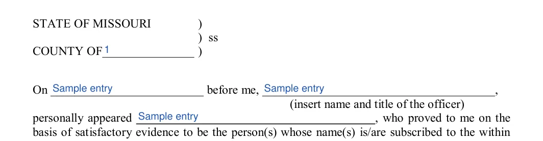 Missouri bill of sale: STATE OF MISSOURI, filled with sample entries