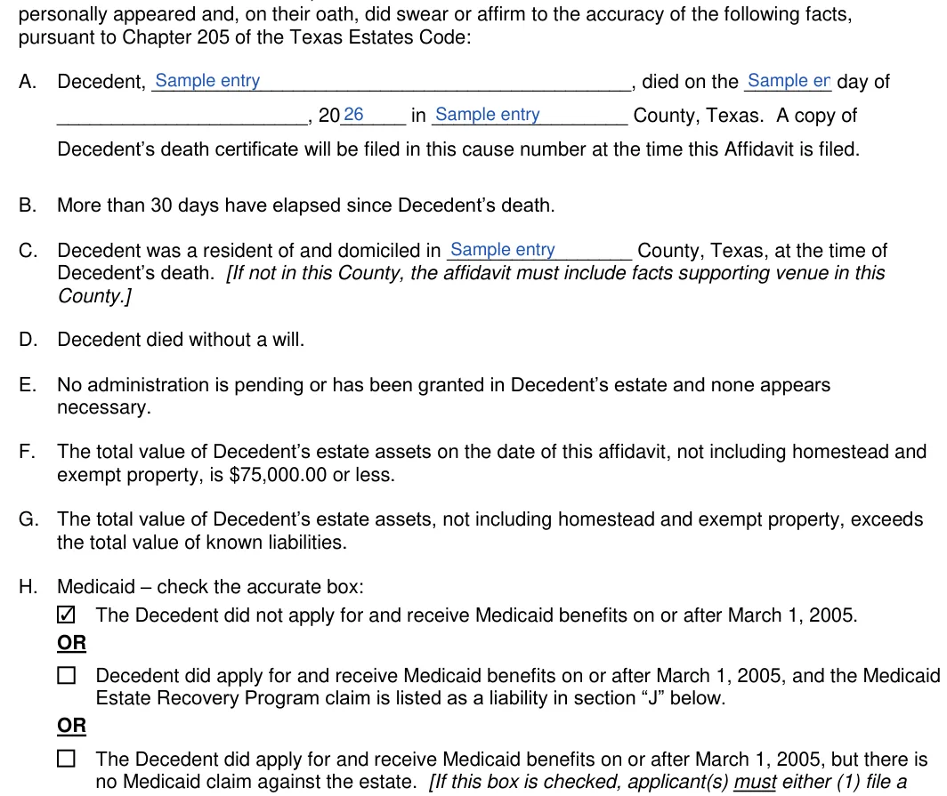 Texas small estate affidavit: pursuant to Chapter 205 of the Texas Estates Code, filled with sample entries