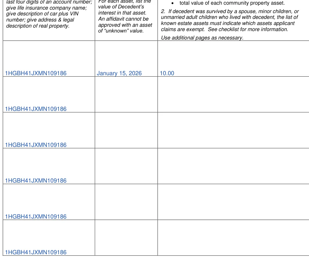 Texas small estate affidavit: 2. If decedent was survived by a spouse, minor children, or, filled with sample entries