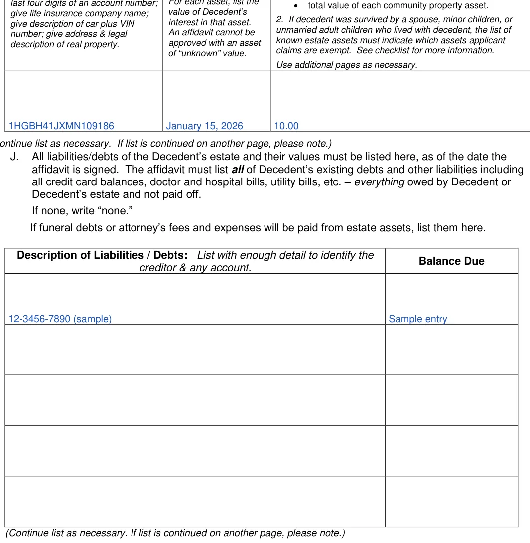 Texas small estate affidavit: 2. If decedent was survived by a spouse, minor children, or, filled with sample entries