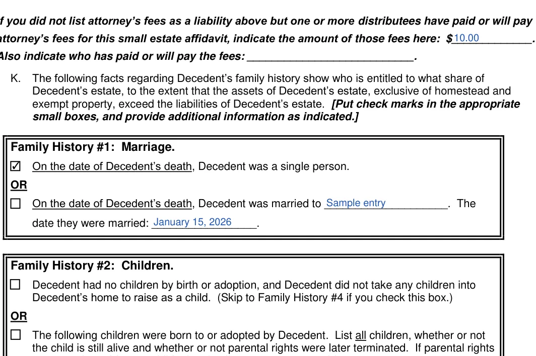 Texas small estate affidavit: Fee, filled with sample entries