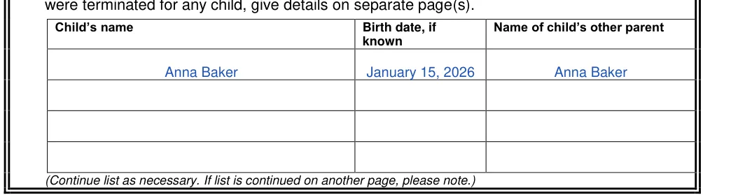 Texas small estate affidavit: Childs namerow, Birth date if knownrow and more, filled with sample entries