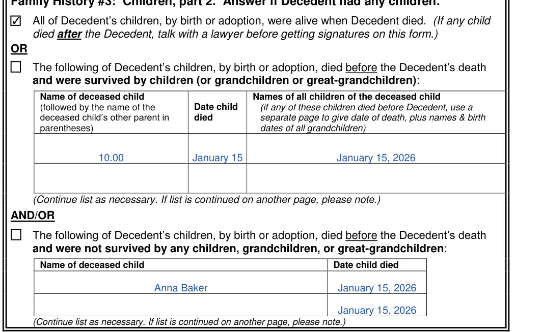 Texas small estate affidavit: AND/OR, filled with sample entries