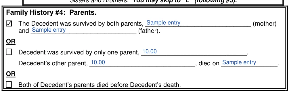 Texas small estate affidavit: Mother, Check and more, filled with sample entries