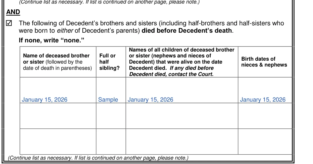 Texas small estate affidavit: AND, filled with sample entries
