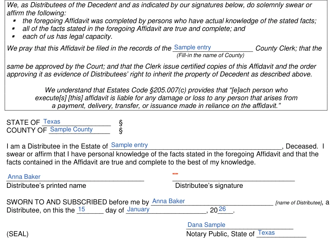 Texas small estate affidavit: affirm the following, filled with sample entries