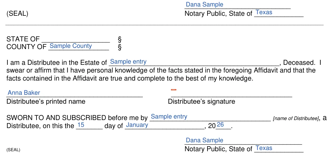 Texas small estate affidavit: (SEAL), filled with sample entries