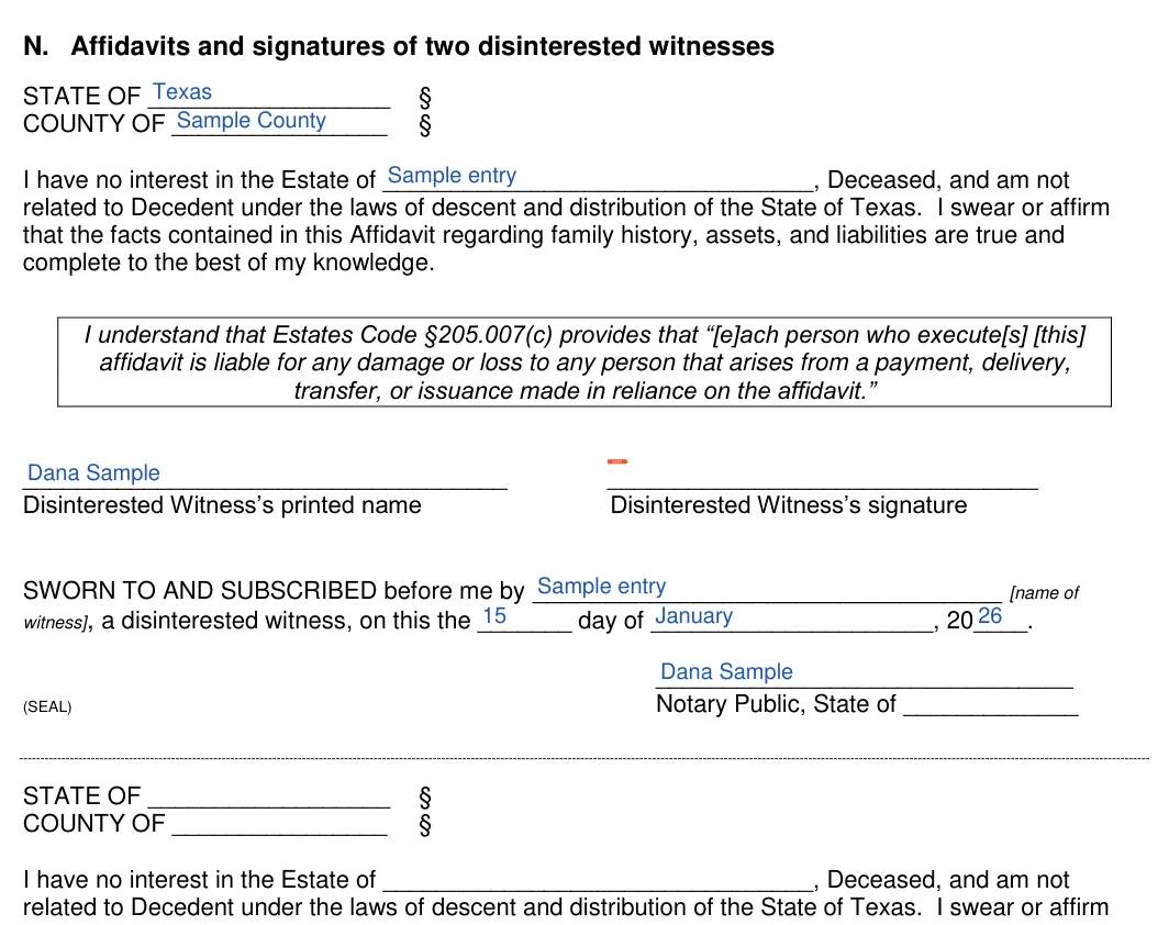 Texas small estate affidavit: State of, County of and more, filled with sample entries