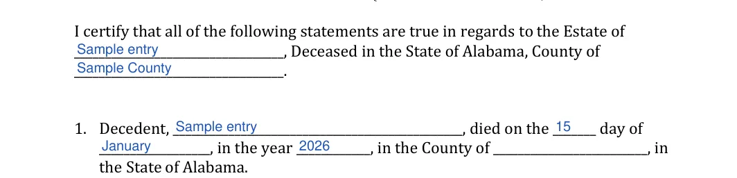 Alabama small estate affidavit: Estate of, County of and more, filled with sample entries