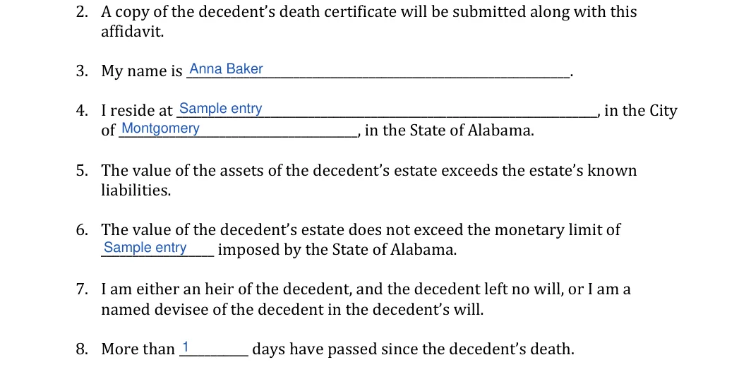 Alabama small estate affidavit: My name, Reside at and more, filled with sample entries