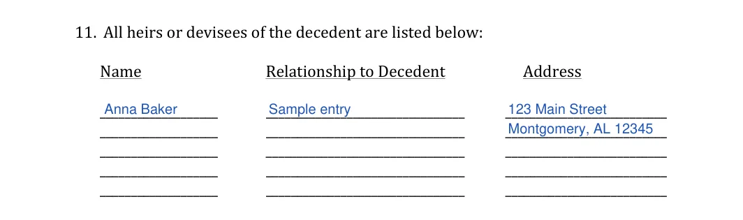 Alabama small estate affidavit: 11. All heirs or devisees of the decedent are listed below, filled with sample entries