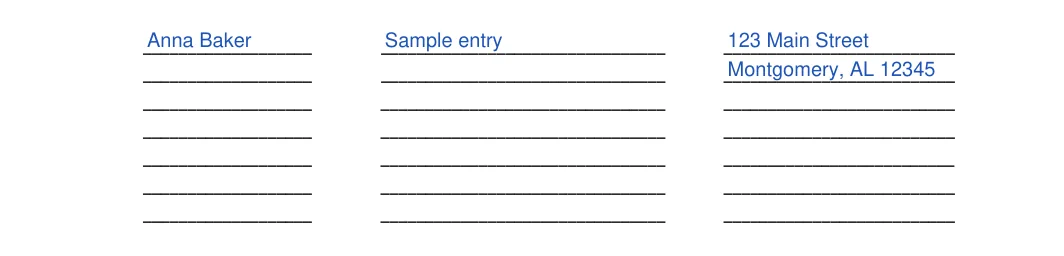 Alabama small estate affidavit: Name, Relationship and more, filled with sample entries
