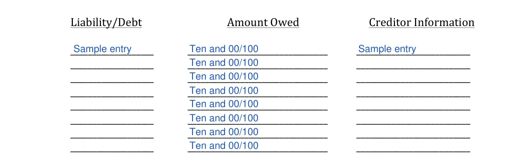 Alabama small estate affidavit: Liability / debt, Amount owed and more, filled with sample entries