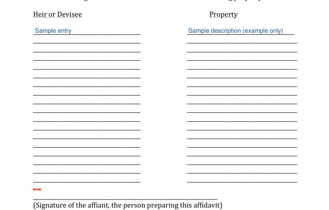 Alabama small estate affidavit: Heir or devisee, Property and more, filled with sample entries