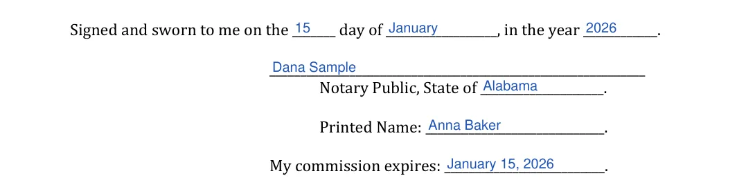 Alabama small estate affidavit: Day, Month and more, filled with sample entries