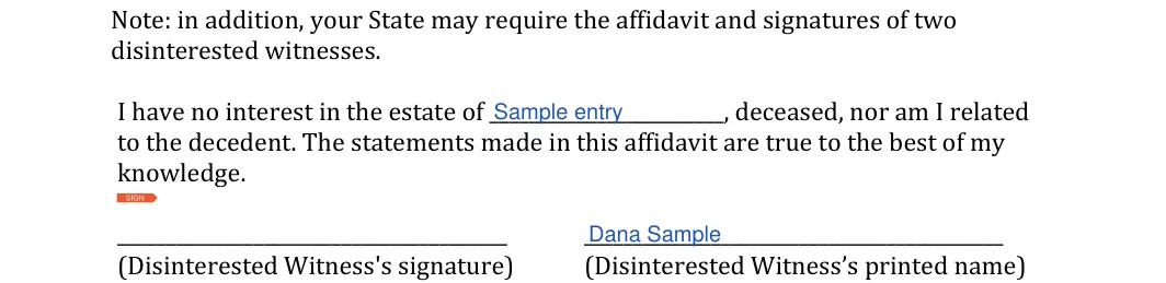 Alabama small estate affidavit: Estate of, Witness printed name and more, filled with sample entries