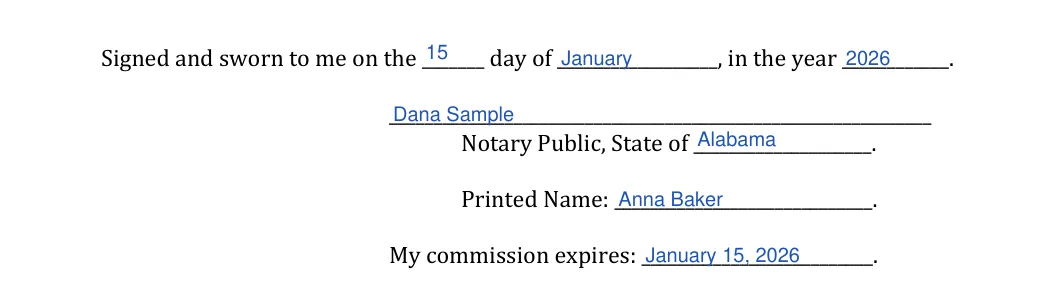 Alabama small estate affidavit: Year, Month and more, filled with sample entries