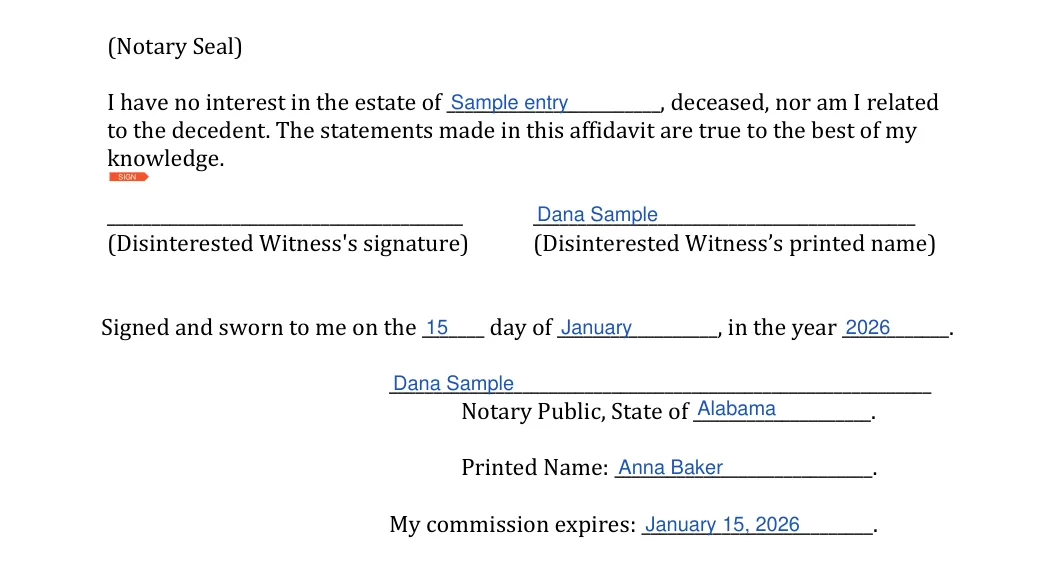 Alabama small estate affidavit: Estate of, Witness printed name and more, filled with sample entries