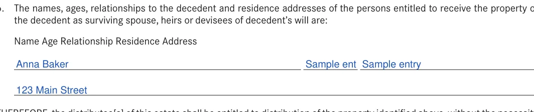 Arkansas small estate affidavit: Name, Age and more, filled with sample entries