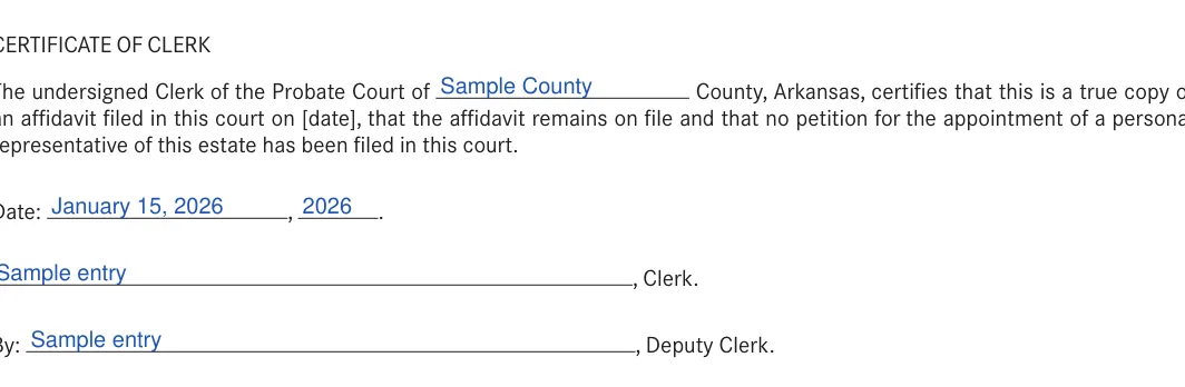 Arkansas small estate affidavit: CERTIFICATE OF CLERK, filled with sample entries