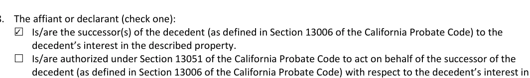 California small estate affidavit: 8. The affiant or declarant (check one), filled with sample entries