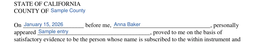 California small estate affidavit: COUNTY OF, filled with sample entries