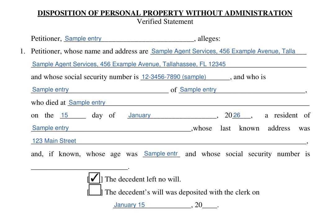 Florida small estate affidavit: Petitioner, 1 petitioner whose name and address are and more, filled with sample entries