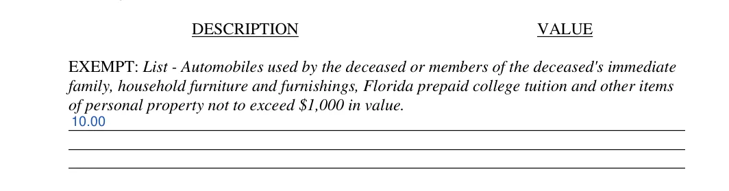 Florida small estate affidavit: VALUE, filled with sample entries