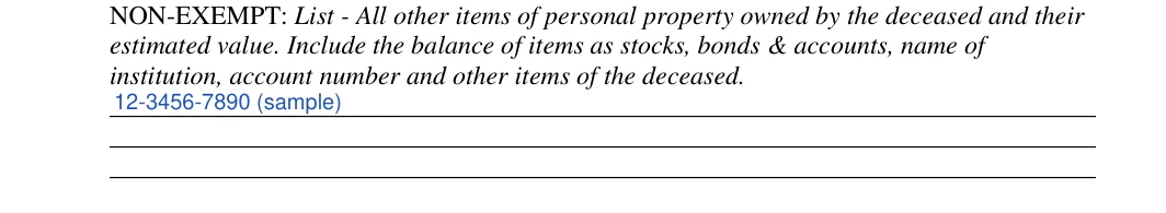 Florida small estate affidavit: Institution account number and other items of the deceased, filled with sample entries