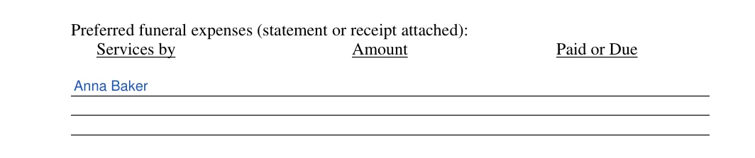 Florida small estate affidavit: Preferred funeral expenses (statement or receipt attached), filled with sample entries