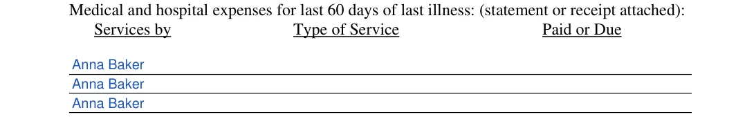 Florida small estate affidavit: Services by 1, Services by 2 and more, filled with sample entries