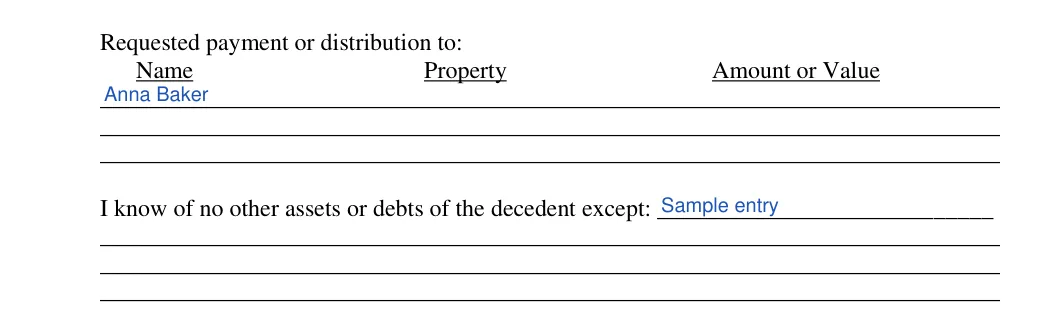 Florida small estate affidavit: Requested payment or distribution to, filled with sample entries
