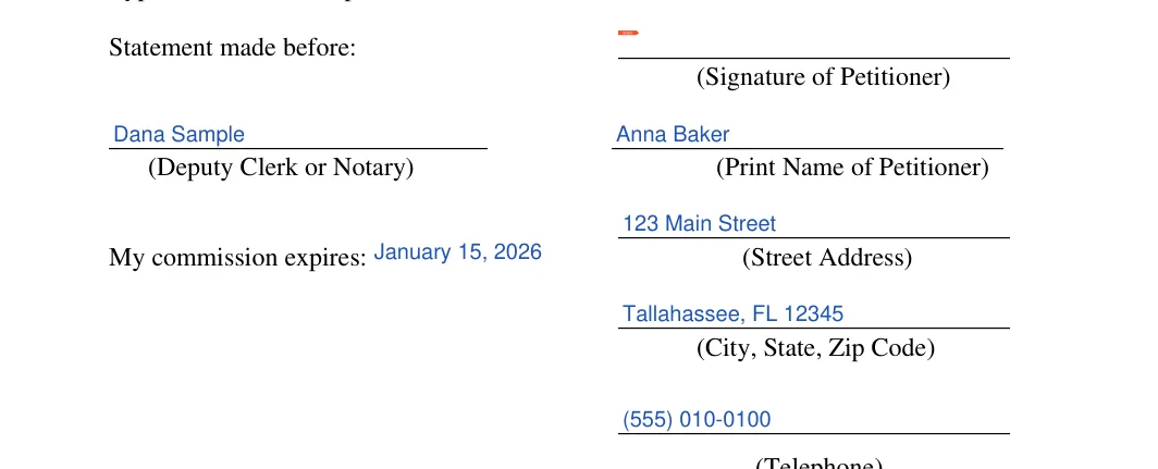Florida small estate affidavit: Statement made before, filled with sample entries