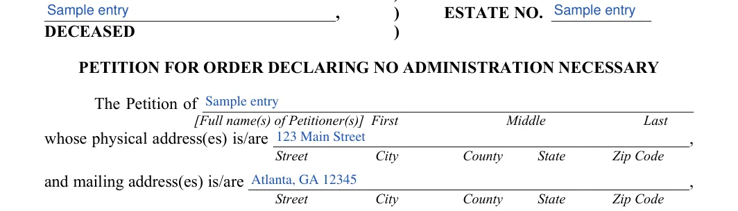 Georgia small estate affidavit: DECEASED, filled with sample entries